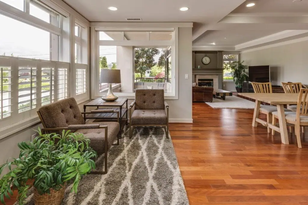 Lavish Pearland home interior with polished wood flooring