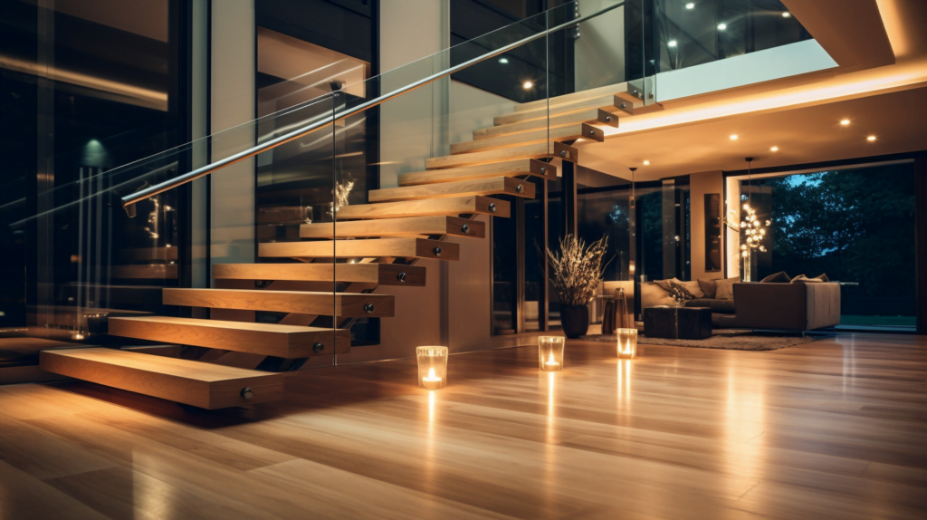 A Glimpse of Modern Stair Elegance in Pearland, TX Modern wooden staircase with glass balustrades