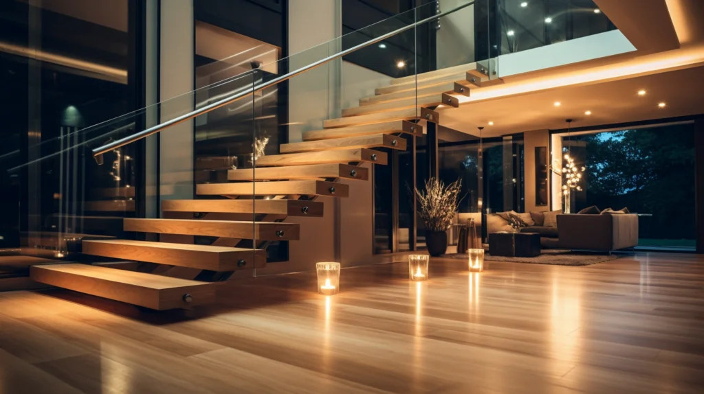 Modern wooden staircase with glass balustrades