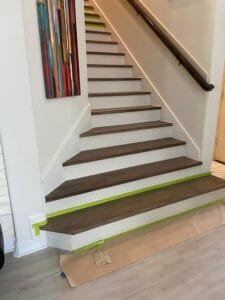 Handcrafted wooden treads on a staircase.